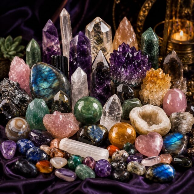 Large collection of crystals on purple velvet — amethyst, rose quartz, citrine, labradorite points, spheres, and geodes by candlelight