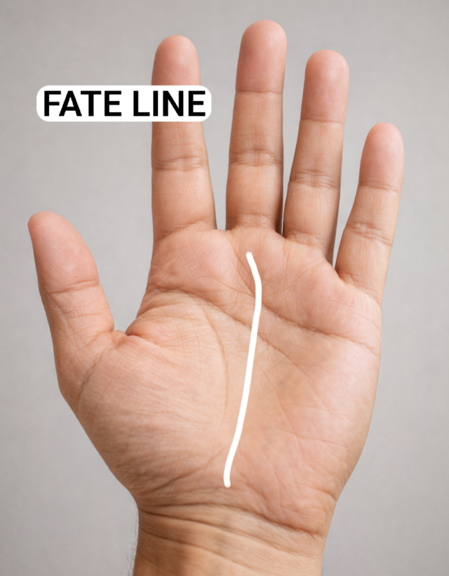 Palmistry diagram with the fate line highlighted, running vertically up the center of the palm toward the middle finger"
