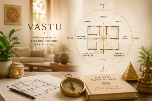 Vastu Purusha Mandala grid diagram showing the eight directions and the open central brahmasthan