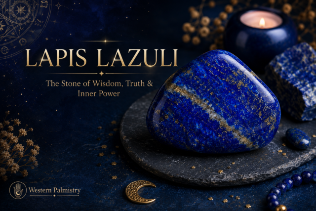 Lapis lazuli gemstone with shimmering gold flecks displayed on dark slate, surrounded by blue crystals, candlelight and mystical celestial accents. The image features the headline “LAPIS LAZULI” and the subheading “The Stone of Wisdom, Truth & Inner Power,” with the Western Palmistry logo at the bottom left.